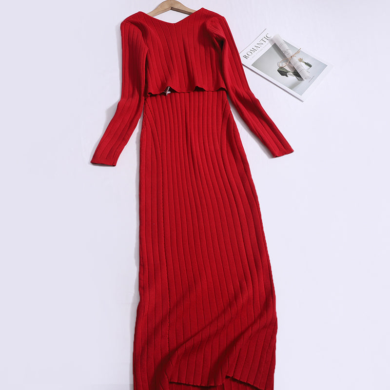 Luxury Pure Lust U-Shaped Cut-Out Neckline knitted Hip Slim Dress With Two-Piece Set