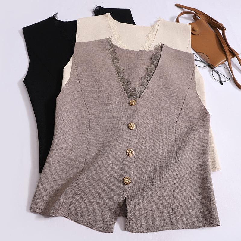 French Temperament V-Neck Lace Vest Slim Thin Shouldered Sleeveless Top For Summer