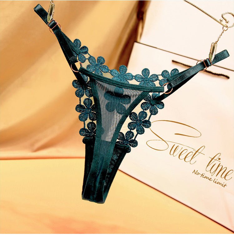 Flower Embroidery Comfortable Adjustable Straps Metal Buckle Design Thong Panties