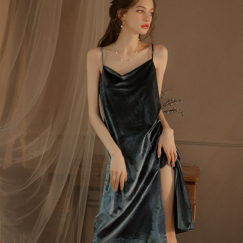 Cross border plus size suspender pajamas women's autumn and winter is split gold velvet nightdress sexy long skirt slit jumpsuit