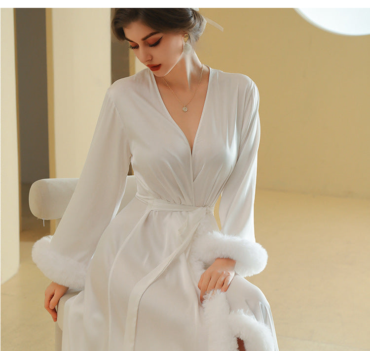 Women's Elegant Long Sleeved Satin Silk with Feather Trim Nightgown