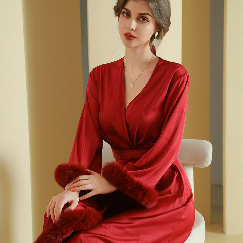 Women's Elegant Long Sleeved Satin Silk with Feather Trim Nightgown