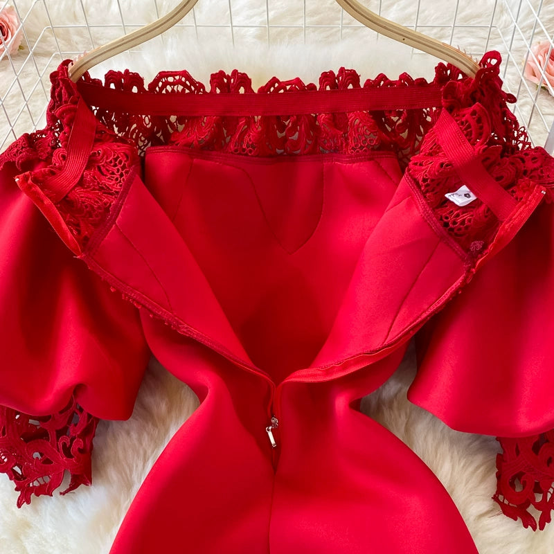 Luxurious French-Inspired Lantern Sleeves, and Red Hue Lace Detailing Dress