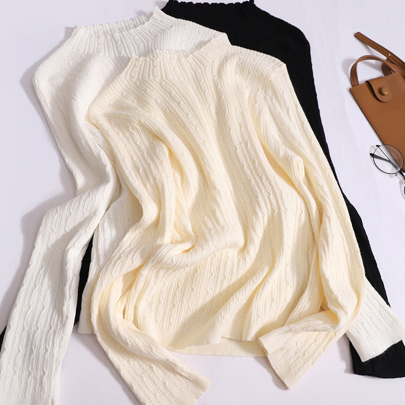 Versatile Solid Color Long-Sleeved knitted Base Slim And Thin Half-High Neck Twist Top