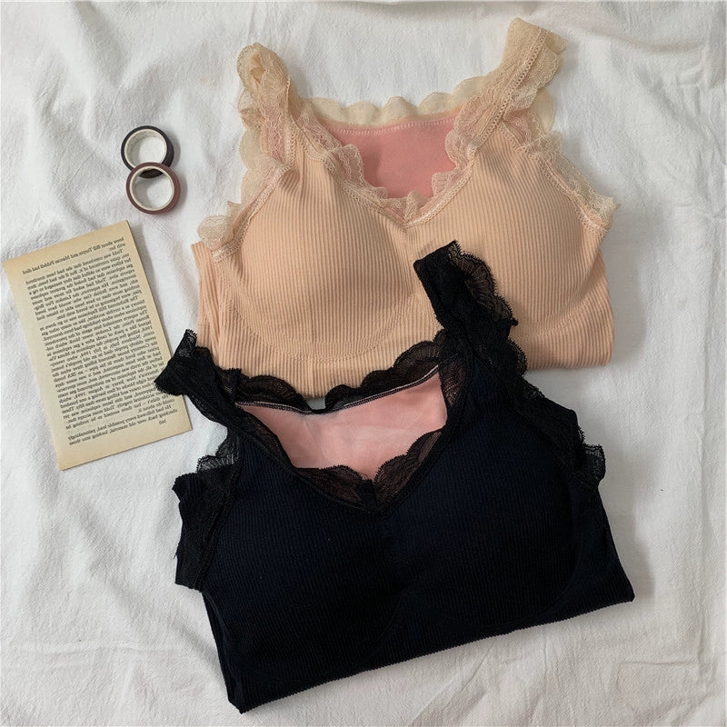 Women's Velvet Thickening Lace Inner Slim Fit Warm Camisole Top With Chest Pad