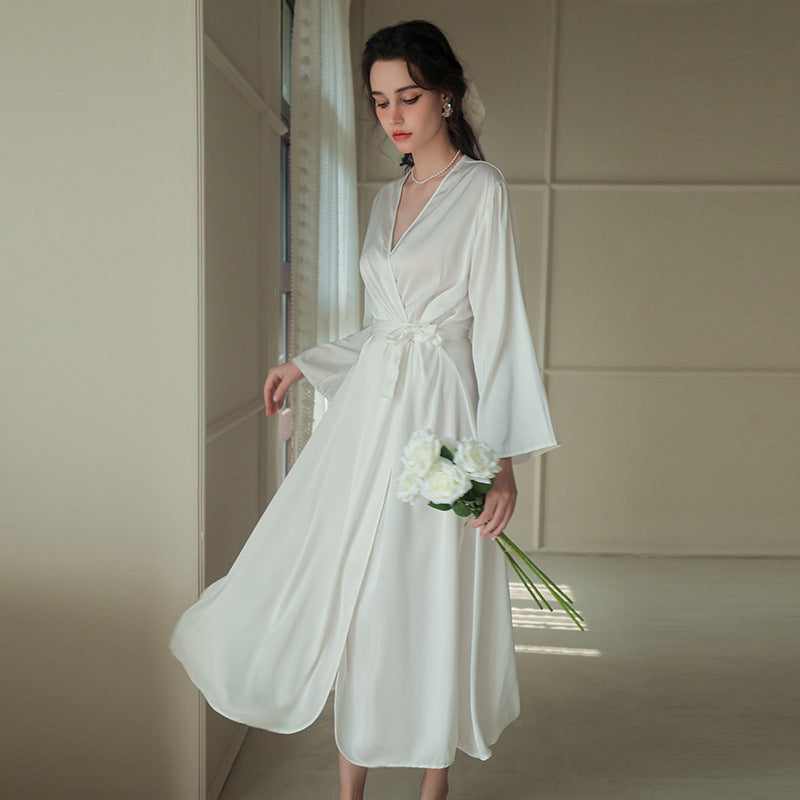 Female Newly Wedding Bride Red Silky Smooth nightgown With Belt