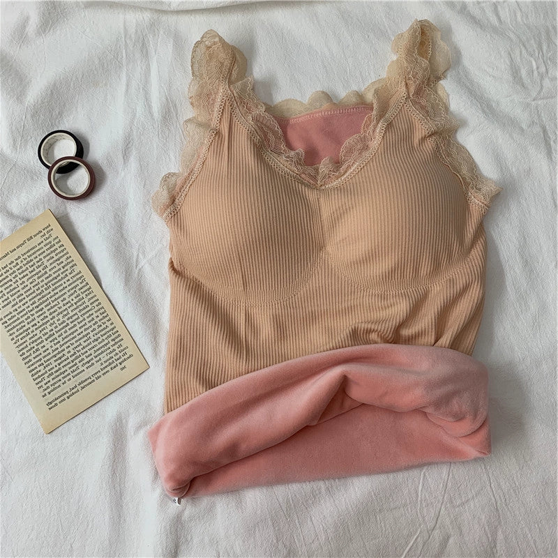 Women's Velvet Thickening Lace Inner Slim Fit Warm Camisole Top With Chest Pad