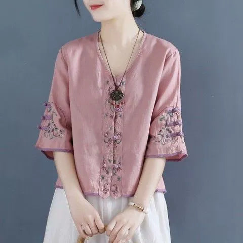 Women's Retro Style Embroidered cotton linen V-neck tops
