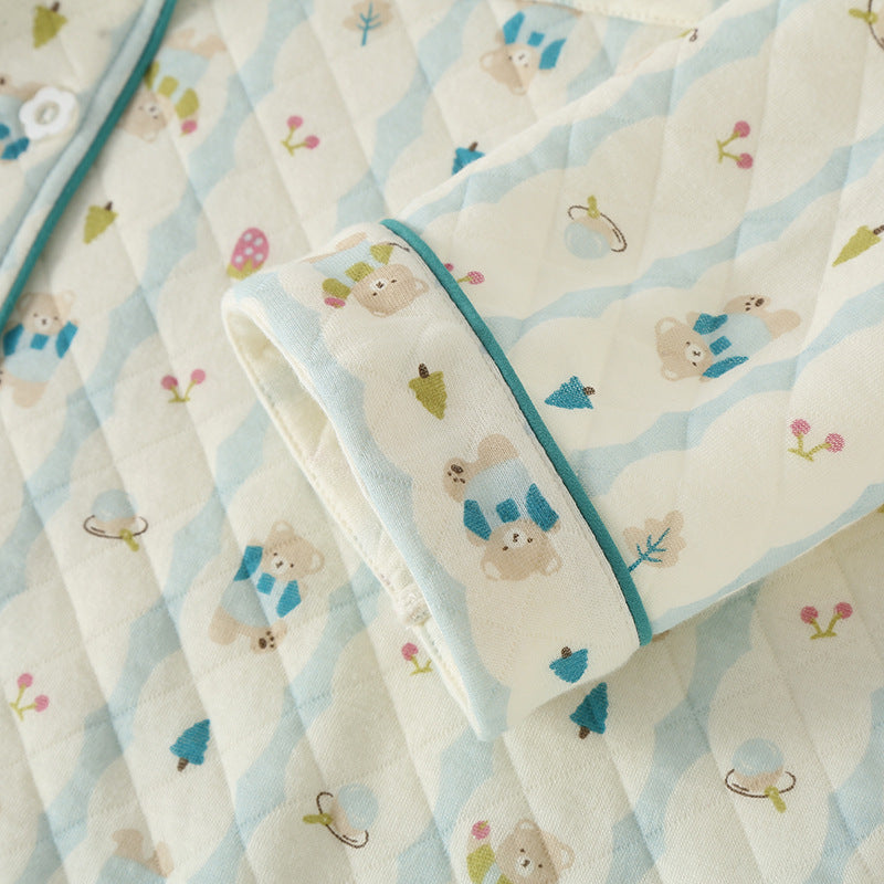 Premium Pure Three-Layer Air Cotton Quilted Printed Loungewear With Lapel Collar For Autumn And Winter