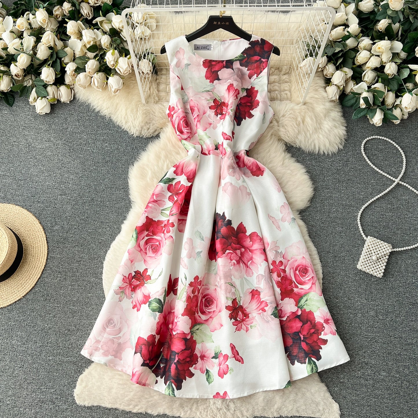 Floral Elegant Sleeveless Pleated Waist-Defining Skirt Dress For Women