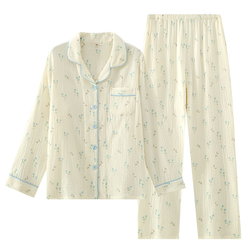Women's New Crepe Cotton Yarn Thin Floral Printed Loungewear Suit For Spring And Autumn