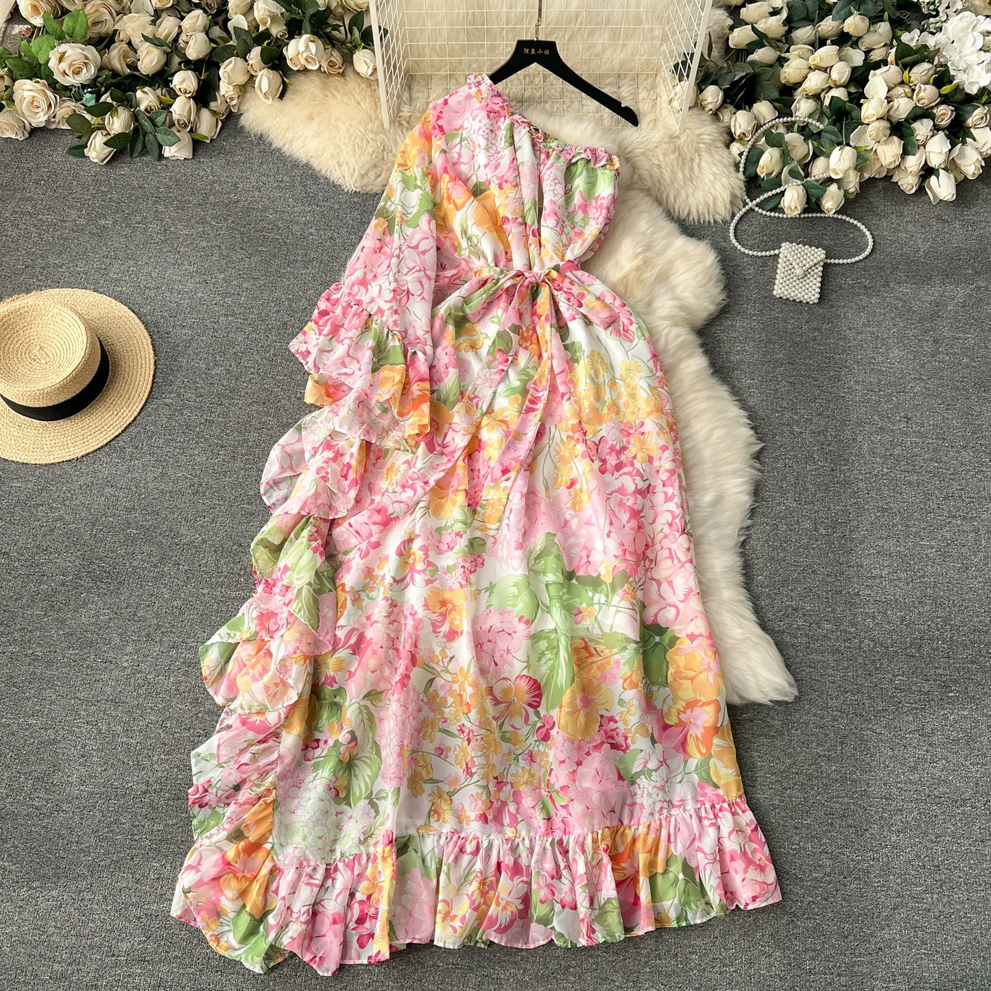 Floral series sweet fungus trim slanted collar off-the-shoulder bell sleeves ruffled design slim fit chiffon dress