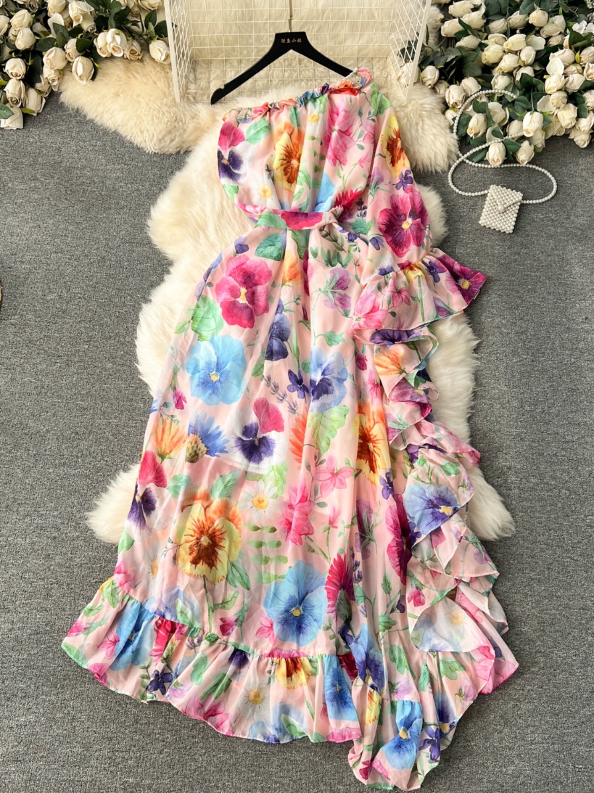 Floral series sweet fungus trim slanted collar off-the-shoulder bell sleeves ruffled design slim fit chiffon dress