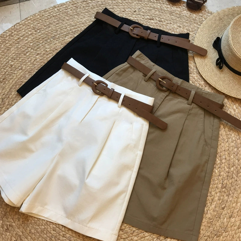 Japanese Retro Simple Solid Color High waist thin versatile wide-leg suit shorts