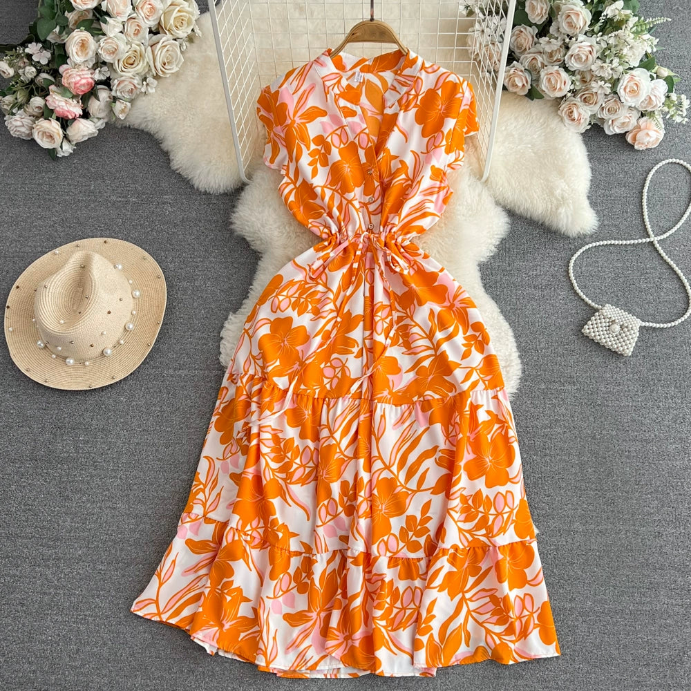 Luxury V-Neck Dress with Flying Sleeves and Printed Pattern