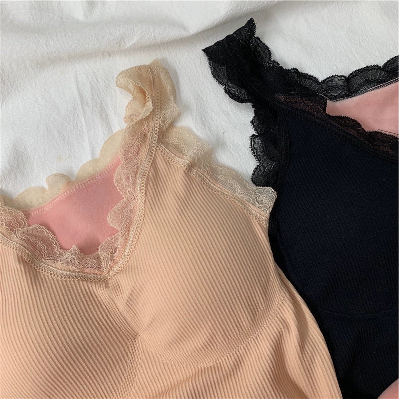 Women's Velvet Thickening Lace Inner Slim Fit Warm Camisole Top With Chest Pad