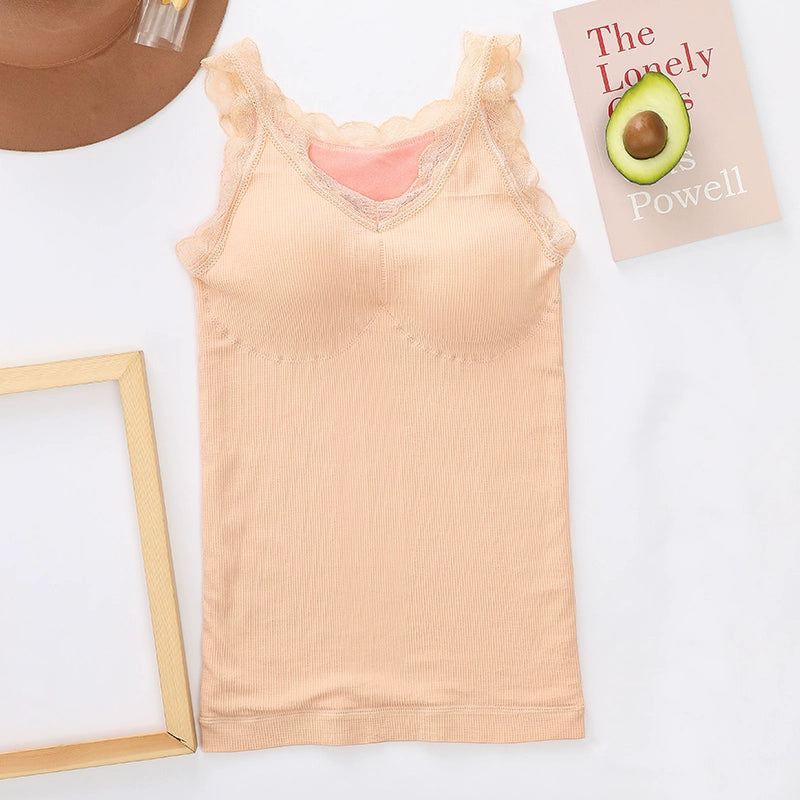 Women's Velvet Thickening Lace Inner Slim Fit Warm Camisole Top With Chest Pad