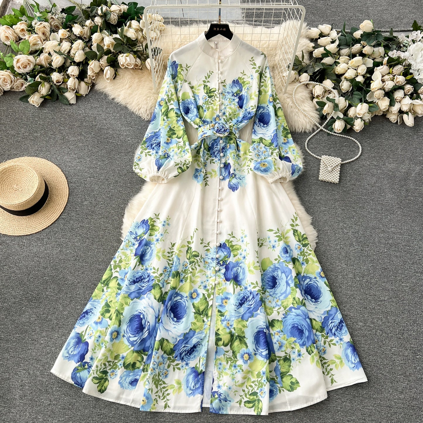 Modern Minimalism Elegant Dress with Floral Pattern and Bell Sleeves