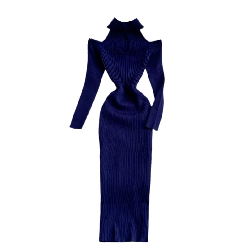 women'sย Winter Stand-up collar knitted stretch Bodycon dress With Long-Sleeved Strapless Design