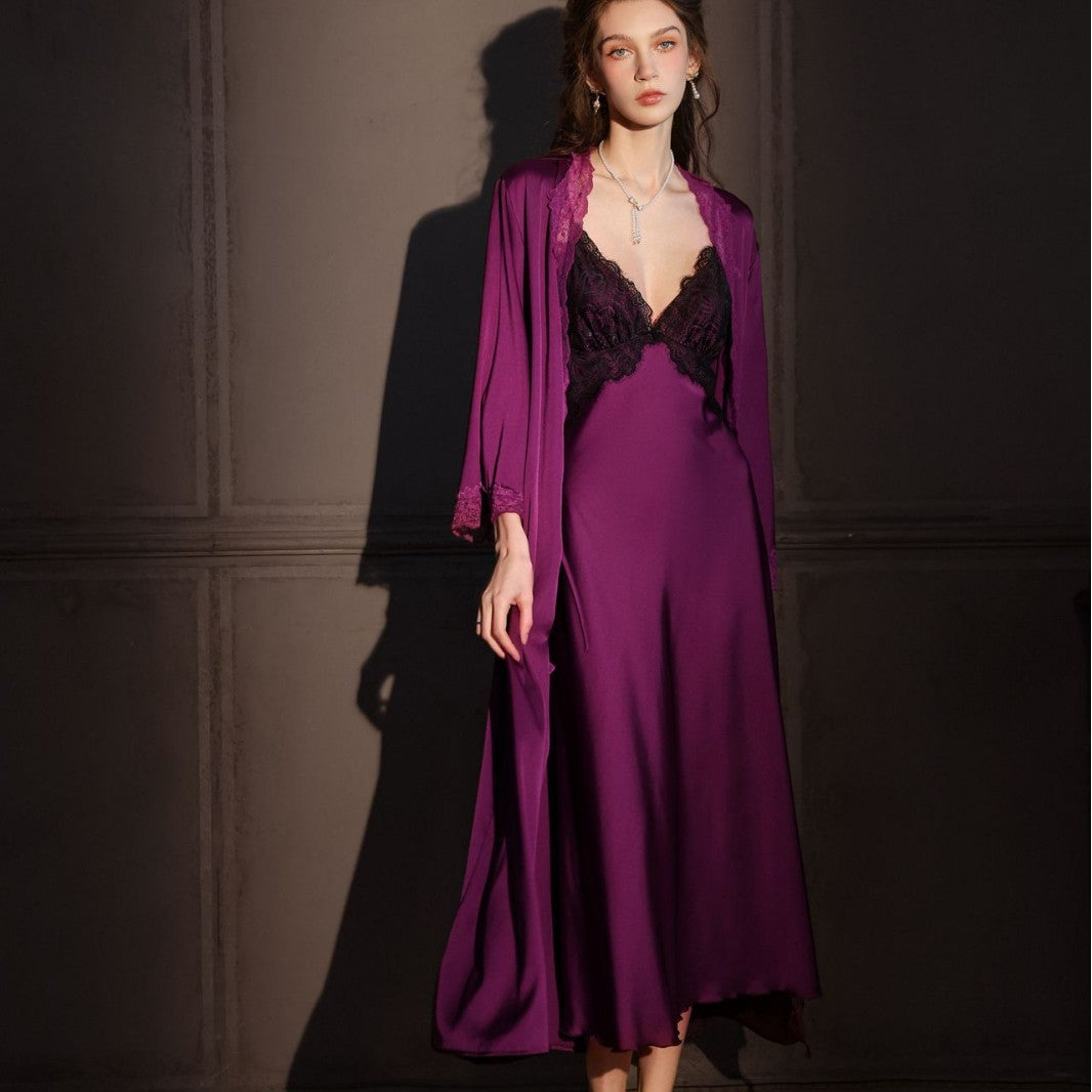 Women's Ice Silk Thin Backless Long Over-The-Knee Suspender Nightdress With Chest Pads