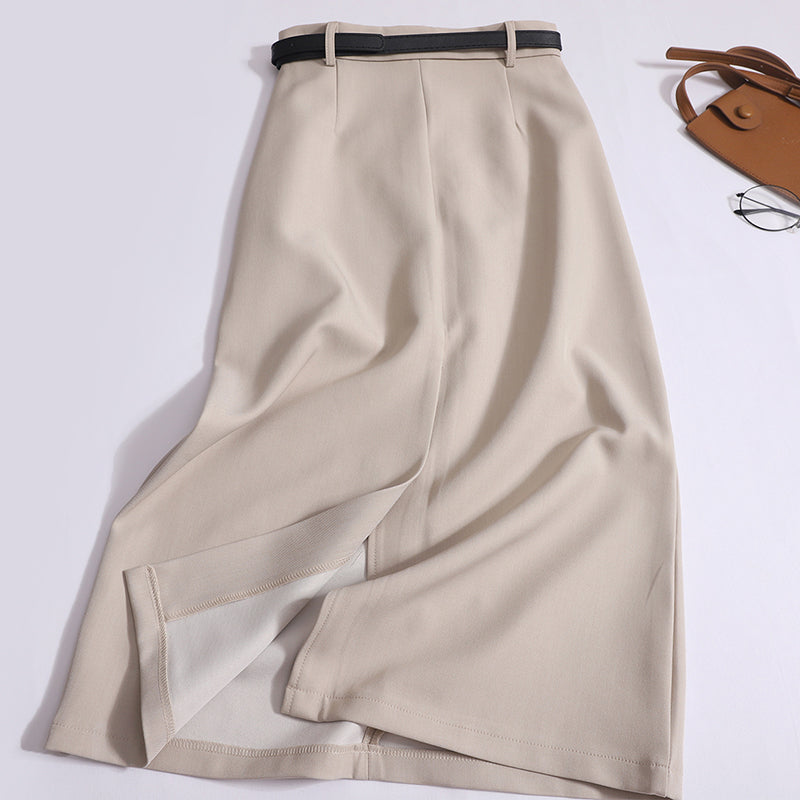 Women's High-End Temperament High-Waisted Thin Drape Slit One-Step Hip Skirt With Belt