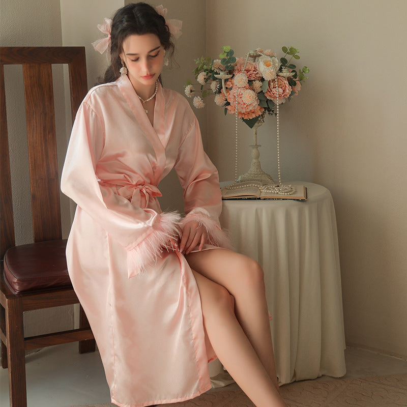 European and American Style Long Sleeved Bridal Night Gown With Feather