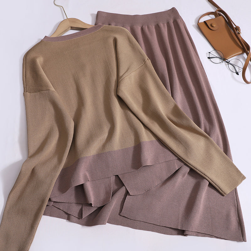 Women's Temperament Solid Color Contrasting Round Neck Long-Sleeved High-Waisted knitted Cardigan Top With Skirt
