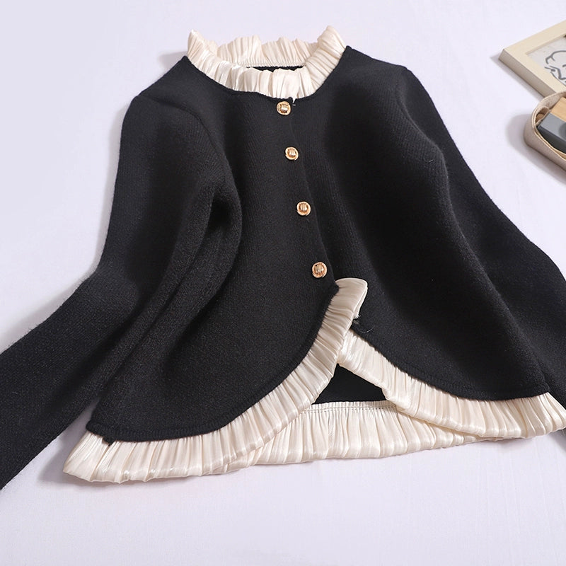 French Women's Autumn & Winter Temperament Stitching Knitted Cardigan Top