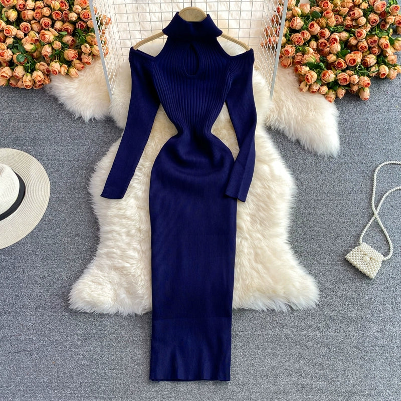 women'sย Winter Stand-up collar knitted stretch Bodycon dress With Long-Sleeved Strapless Design