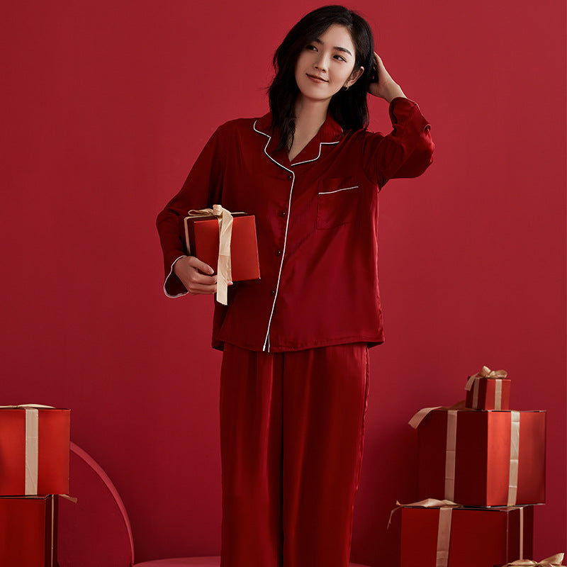 Simple and Casual Full Sleeve Couple Silk Red Loungewear Nightdress For Spring Summer Autumn