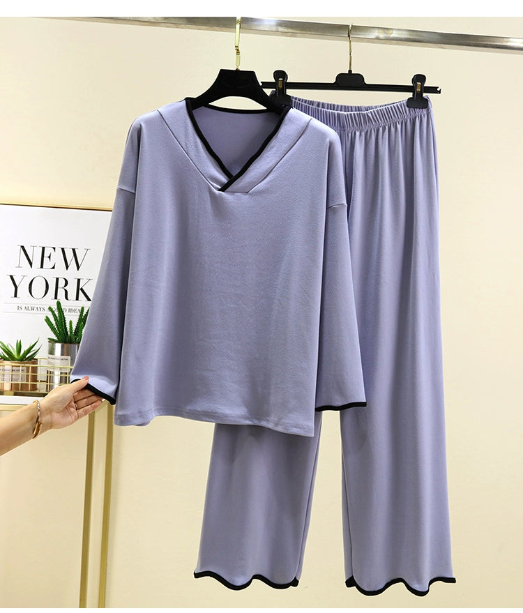 Women's Long Sleeve V-Neck Thick Fleece Loungewear Set For Autumn And Winter