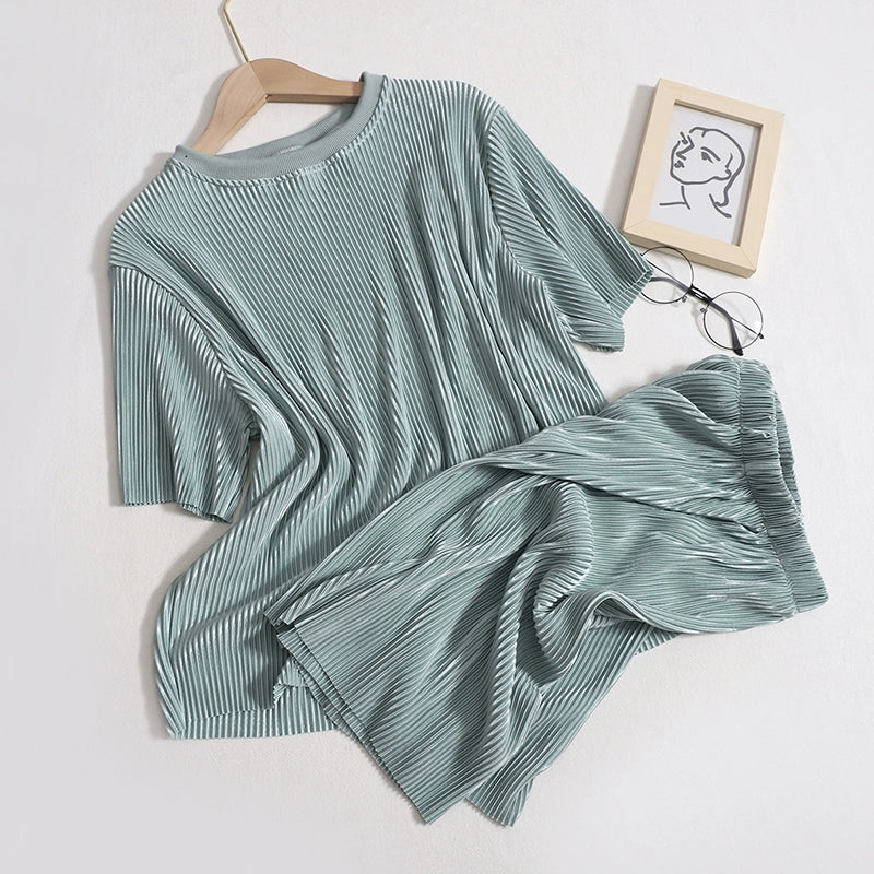 Versatile Women's Summer New Temperament Crewneck Short Sleeve High Waist casual Two pc suit