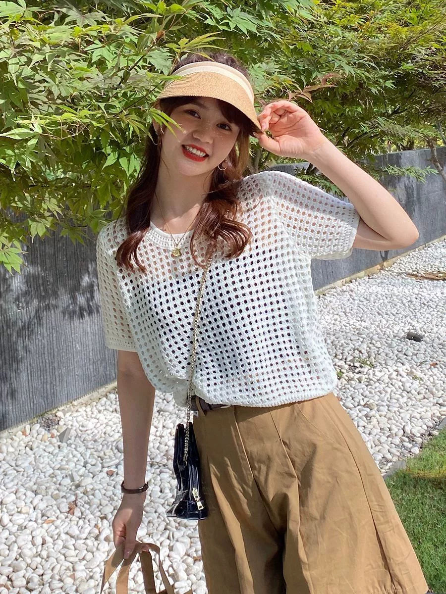 Women's summer short sleeve cut-out versatile new thin ice silk loose tops