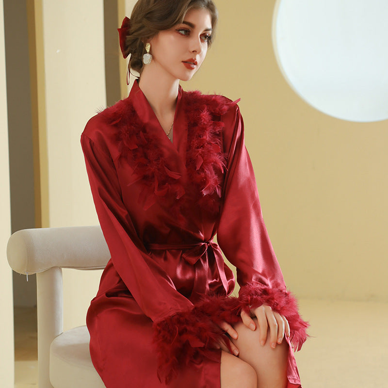 Bride Fur Collar Full Sleeved Feather Long Wedding dressing And Night Gown