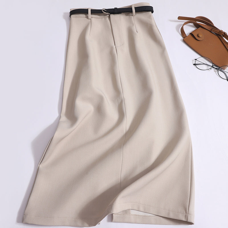 Women's High-End Temperament High-Waisted Thin Drape Slit One-Step Hip Skirt With Belt