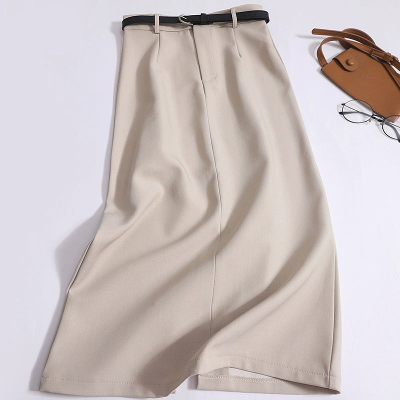 Women's High-End Temperament High-Waisted Thin Drape Slit One-Step Hip Skirt With Belt