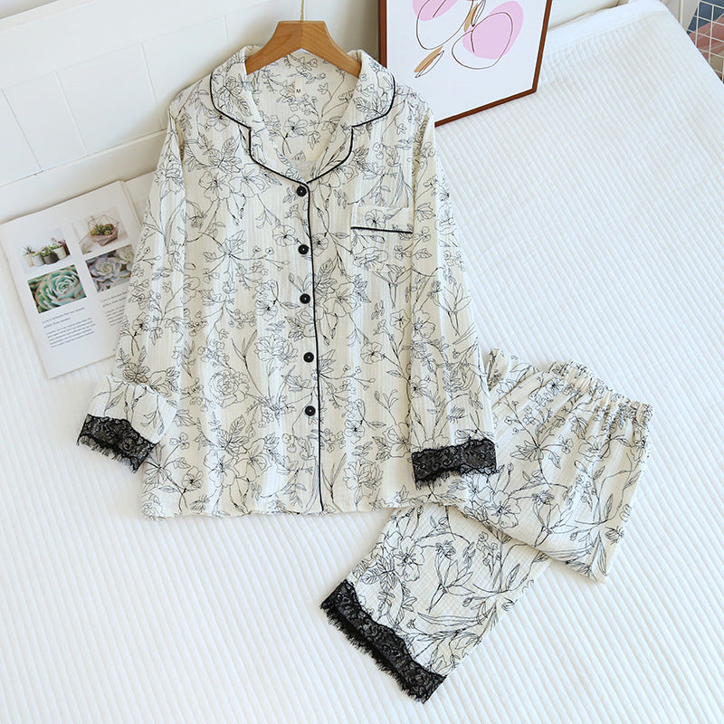 Floral Serenity Cotton Yarn Loungewear Suit with Lapel Collar For Woman