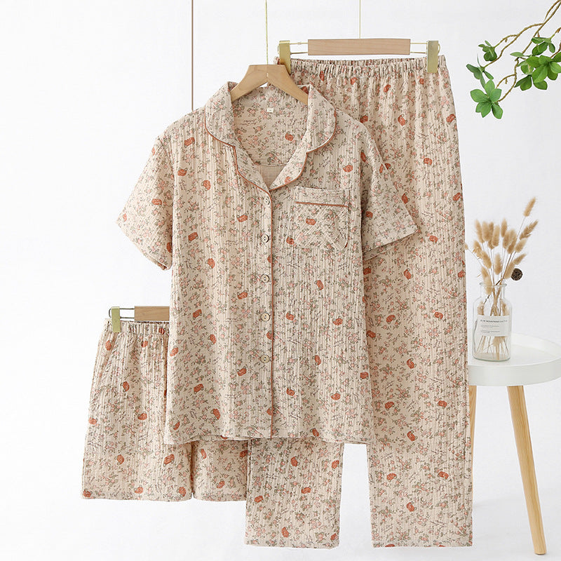 Fresh Elegance Cotton Crepe Three-Piece Sleepwear Suit with Short Sleeve