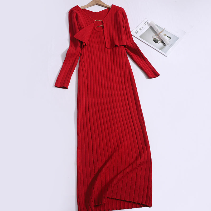 Luxury Pure Lust U-Shaped Cut-Out Neckline knitted Hip Slim Dress With Two-Piece Set