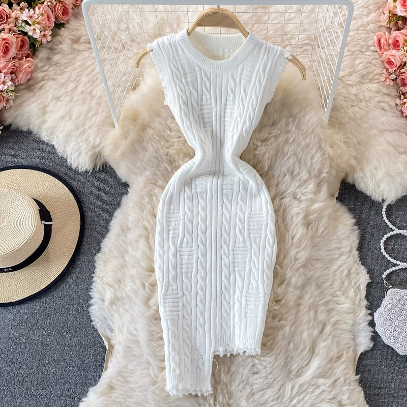 Sophisticated Spring Sleeveless Knitted Vest Round Neck Dress