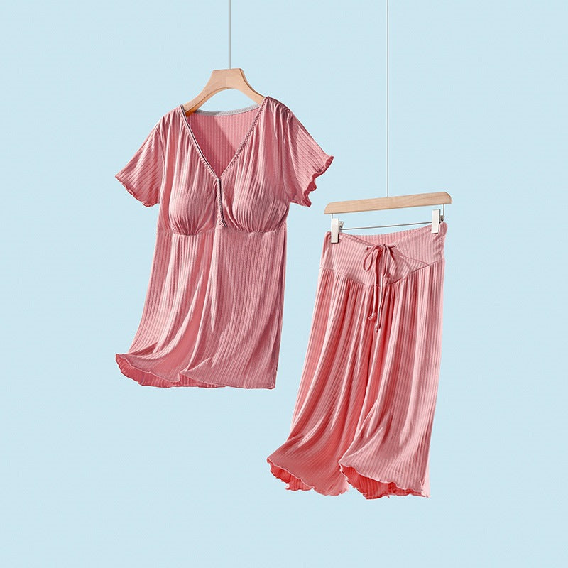 Pregnant Women's Summer Thin Maternity Postpartum Short-Sleeved Cropped Pants Two-Piece Set