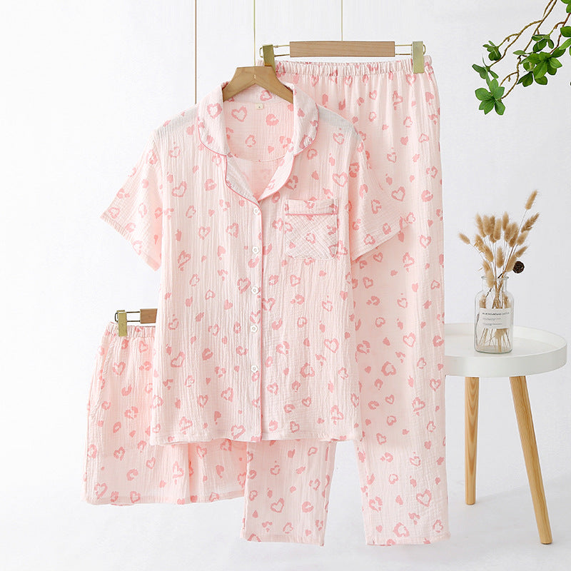 Light and Airy Summer Friendly Cotton Crepe Pink 3 Pieces Loungewear Set For Ladies