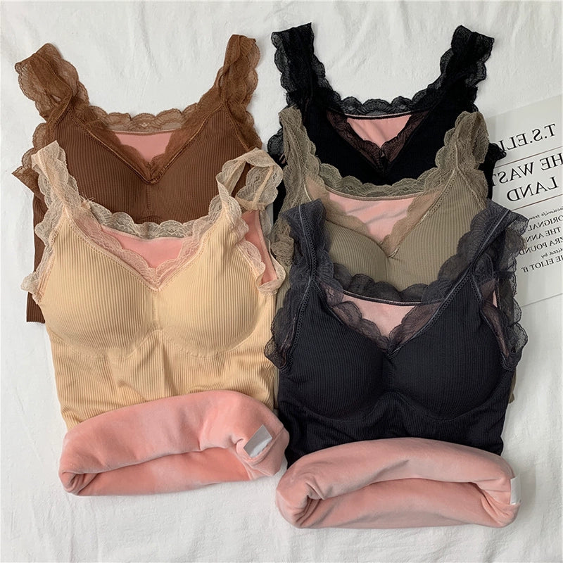Women's Velvet Thickening Lace Inner Slim Fit Warm Camisole Top With Chest Pad