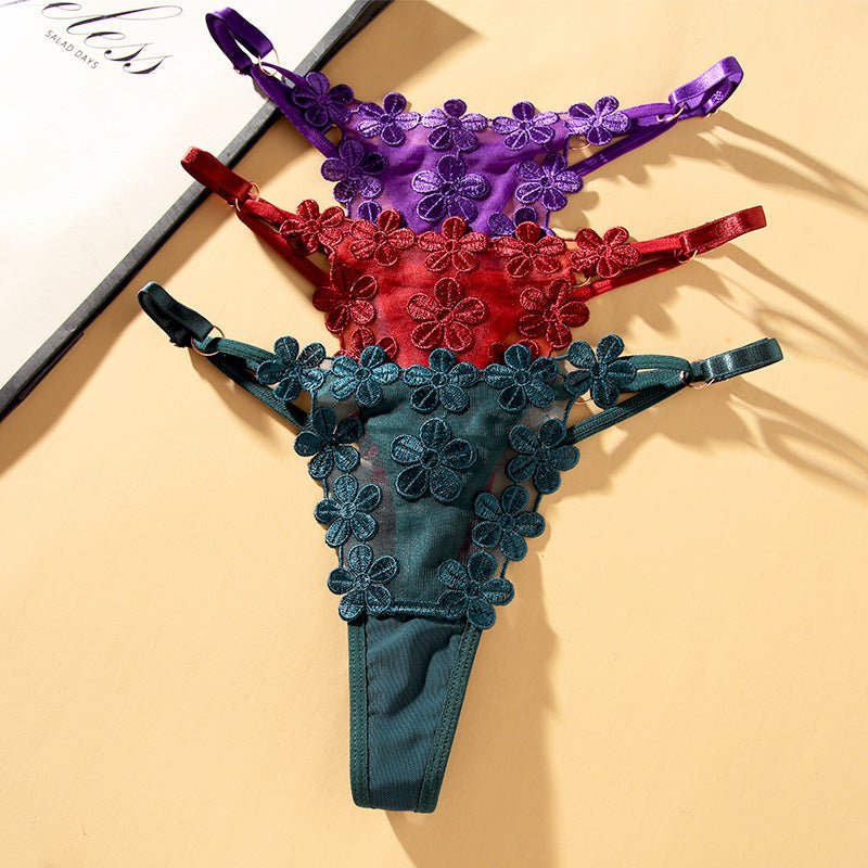 Flower Embroidery Comfortable Adjustable Straps Metal Buckle Design Thong Panties