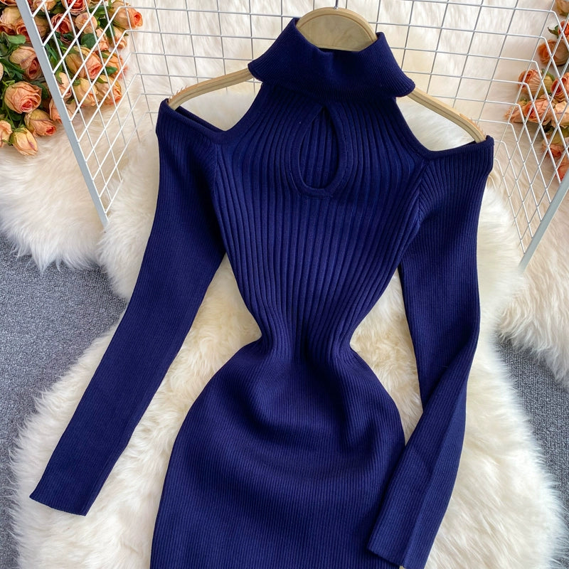 women'sย Winter Stand-up collar knitted stretch Bodycon dress With Long-Sleeved Strapless Design