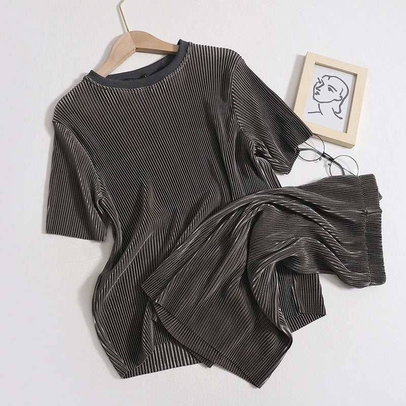 Versatile Women's Summer New Temperament Crewneck Short Sleeve High Waist casual Two pc suit