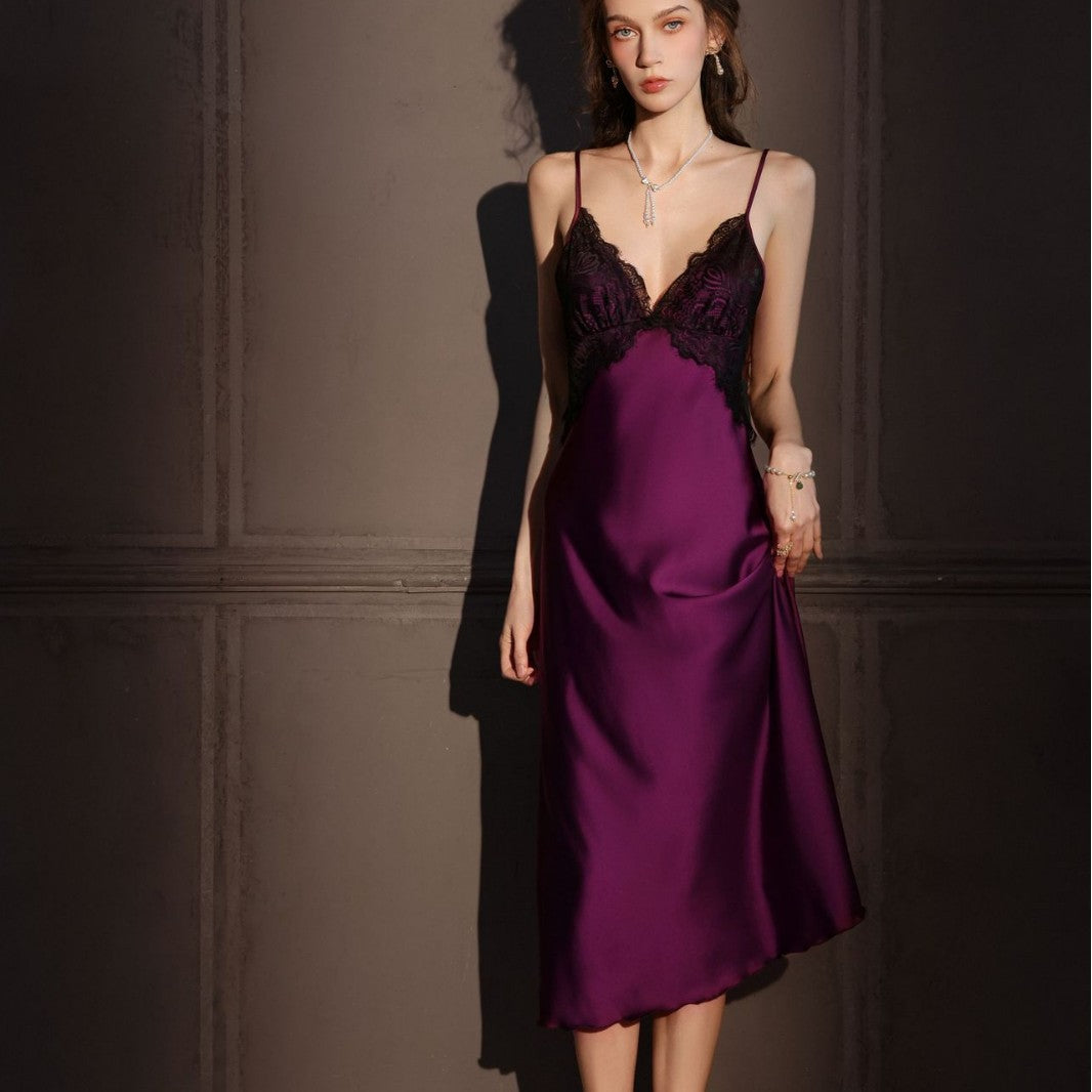 Women's Ice Silk Thin Backless Long Over-The-Knee Suspender Nightdress With Chest Pads