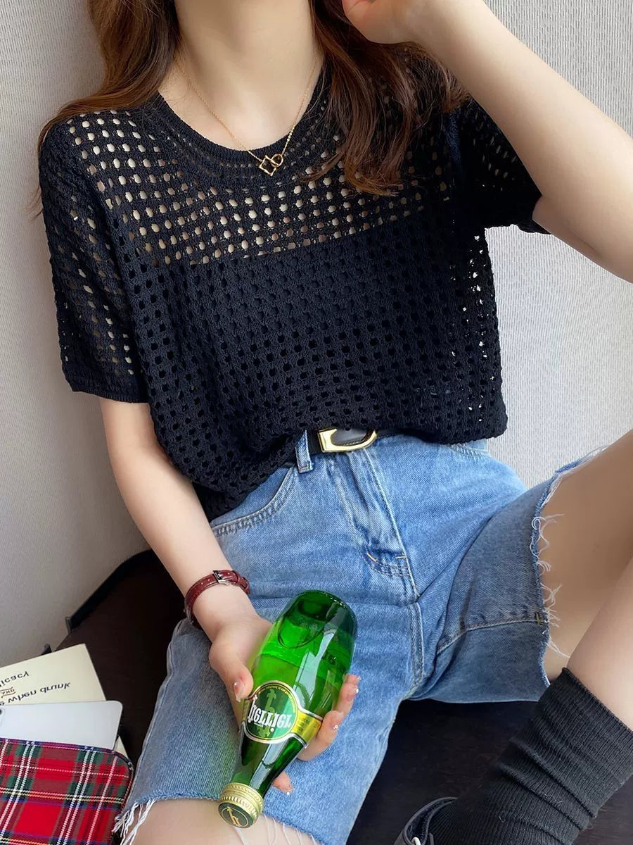 Women's summer short sleeve cut-out versatile new thin ice silk loose tops