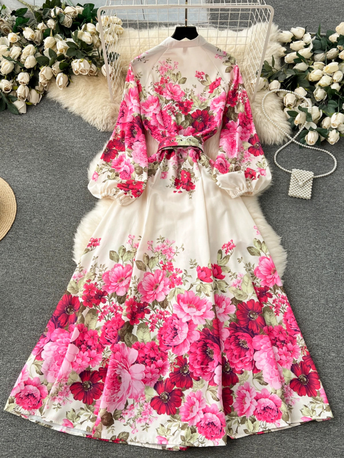 Modern Minimalism Elegant Dress with Floral Pattern and Bell Sleeves