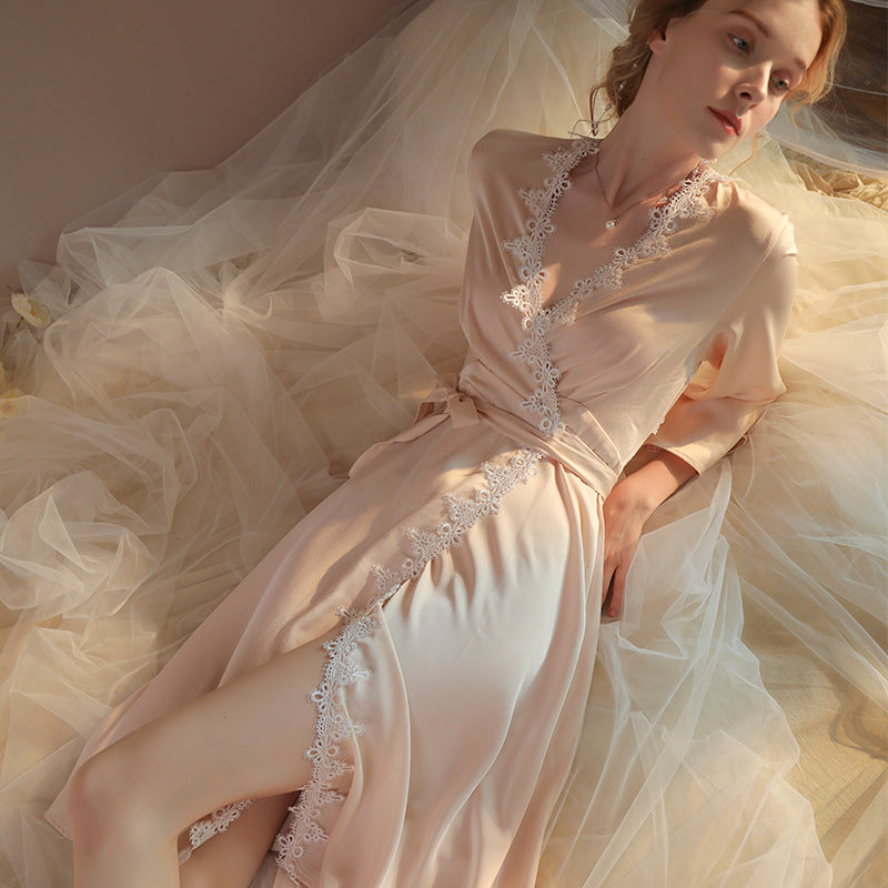 Autumn Women's Wedding Gown Bridal Ice Silk Backless Lace Sexy Night Dress